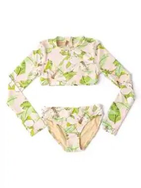 Shade Critters Little Girls Long-Sleeve Leaf Print Bikini Set - Green & Cream